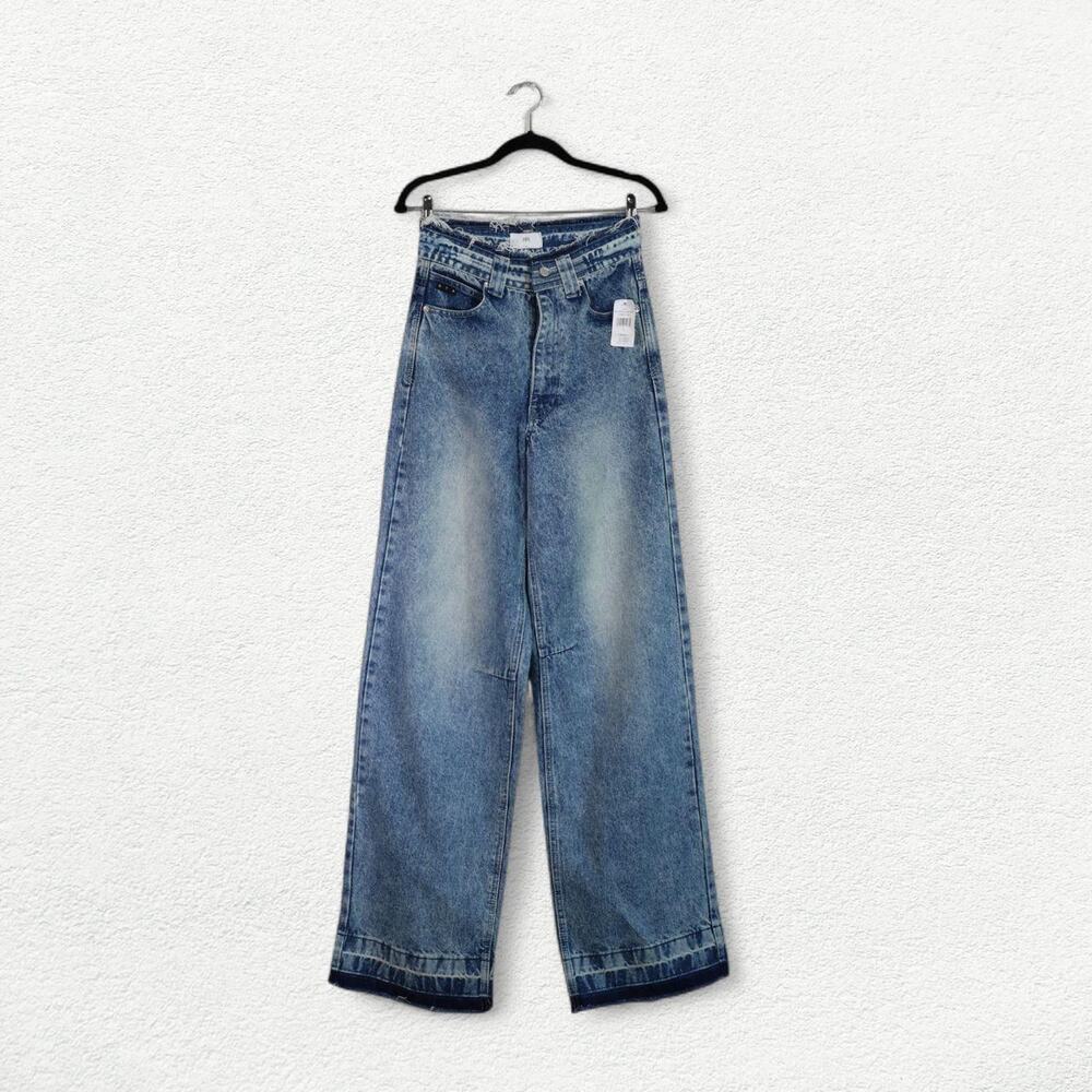 RTA Wide Leg Frayed Denim Pants in Cobalt Blue Jean